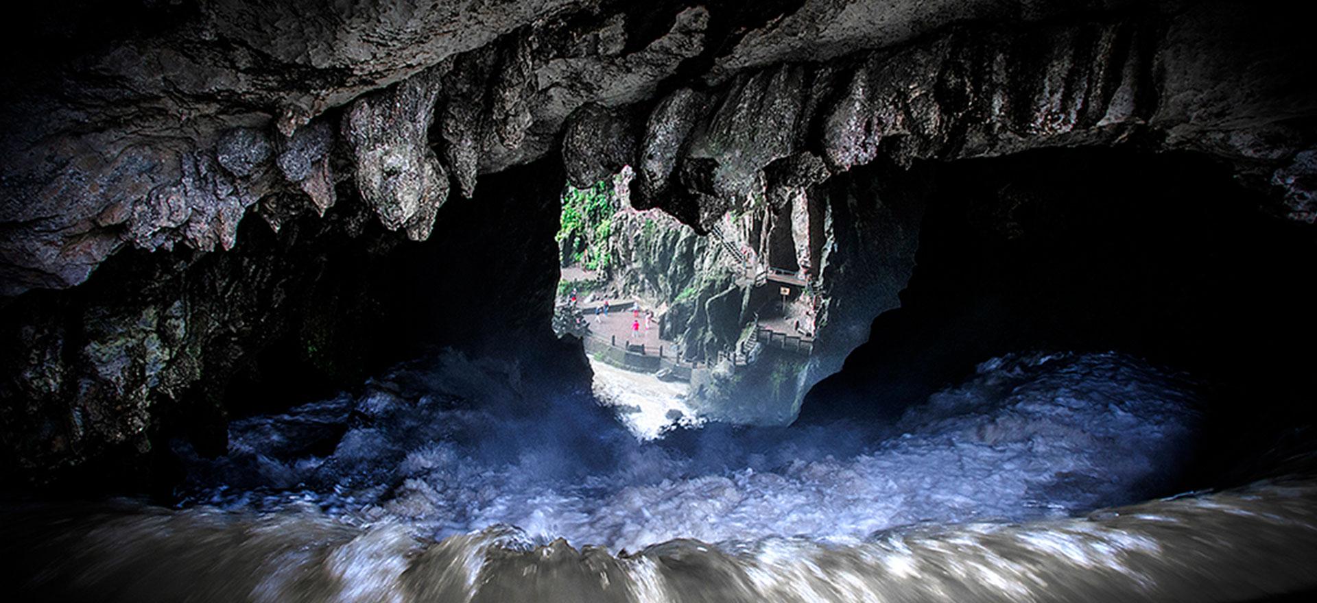 The towering waterfall (viewed from below)